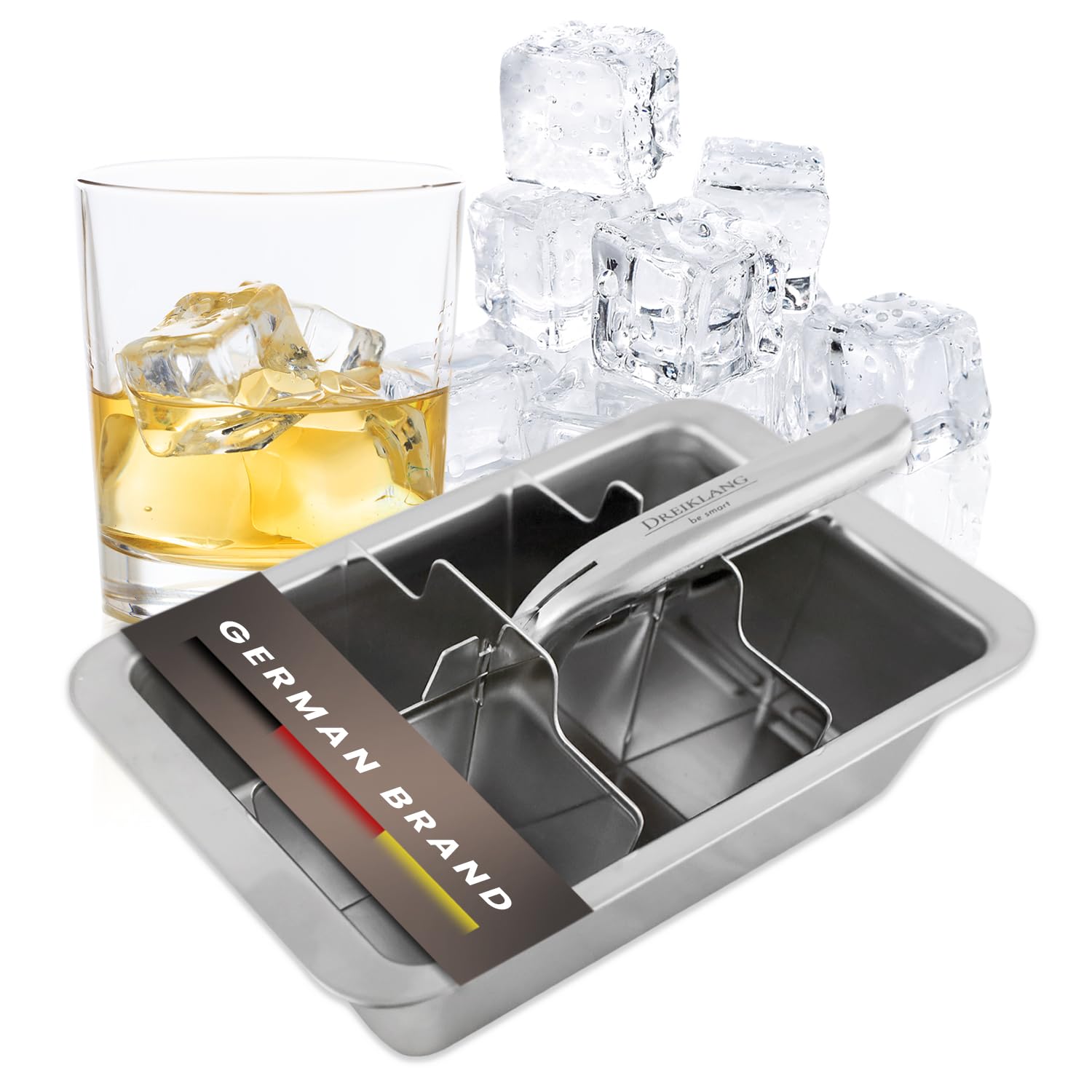 Dreiklang - be smart® 18/8 Edelstahl XXL Eiswürfelform für Whiskey mit Hebeleinsatz für müheloses Entnehmen I Poliert I Lebensmittelecht & Langlebig Cocktail Longdrinks I Alternative zu Eissteinen