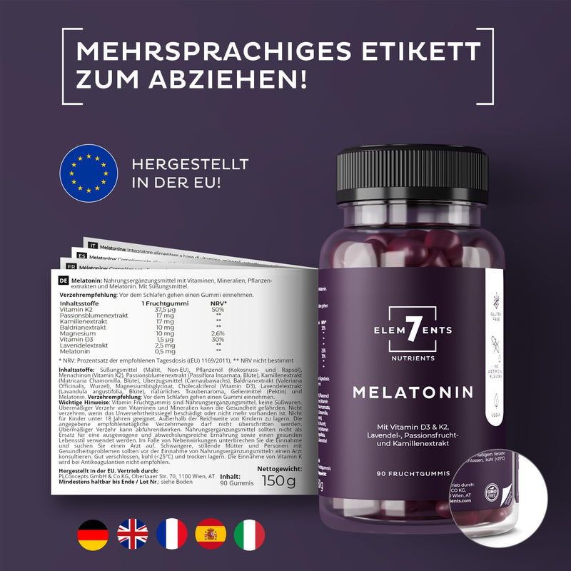 Melatonin Gummies zuckerfrei vegan mit Baldrian, Kamille, Lavendel & Passionsblume | Melatoningummies hochdosiert Schlaf Einschlafen Vitamingums Fruchtgummi Frucht Gummi Gummibärchen Vitamingummi Gum