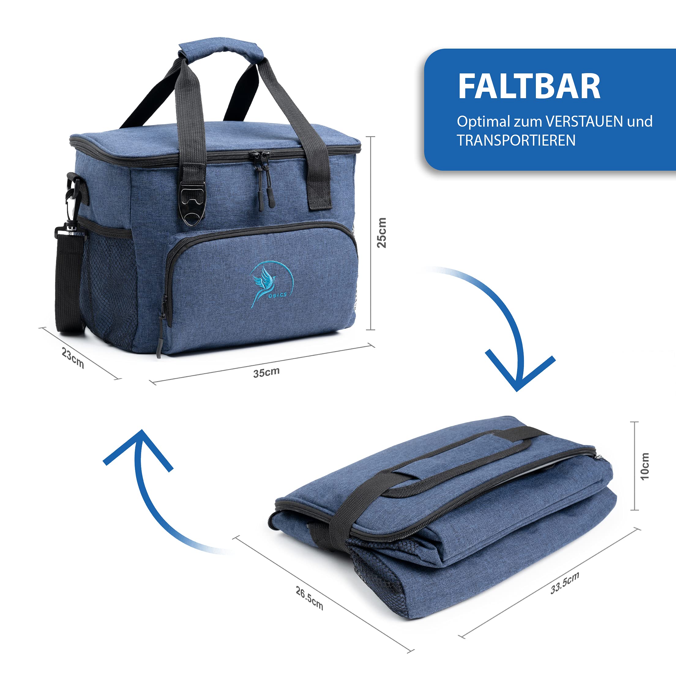 Obics Kühltasche klein 20l Kühlbox Lunchtasche mit Kühl-Akku faltbar - Thermo Isoliertasche Picknicktasche blau für Strand, Arbeit, Auto & Mittagessen - Thermotasche Essenstasche isoliert unterwegs