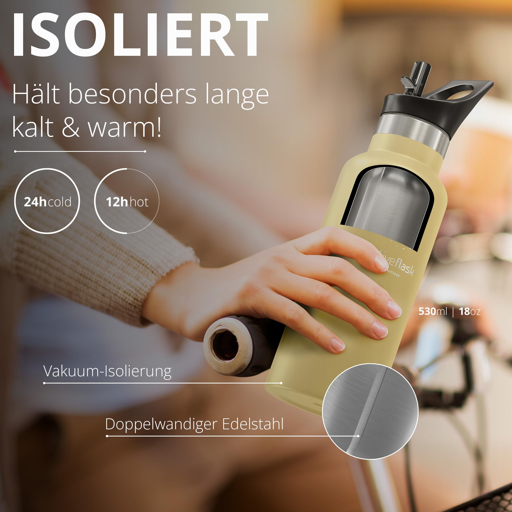 Trinkflasche Edelstahl mit Strohhalm, Infuser + 3 Deckel: BPA-frei, Auslaufsicher, Kohlensäure geeignet - Wasserflasche Fahrrad Thermosflasche Isoliert Isolierflasche Sport Wasser Flasche Kinder Tee