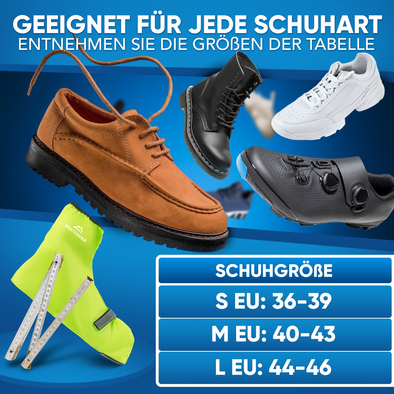 Nextcover NEU Universelle Überschuhe Fahrrad I 100% Wind-& wasserdichte Fahrrad Überschuhe für effektiven Schutz vor Nässe I Reflektierende Regenschutz Schuhe I Schuhüberzieher Fahrrad (Gelb, 40-43)