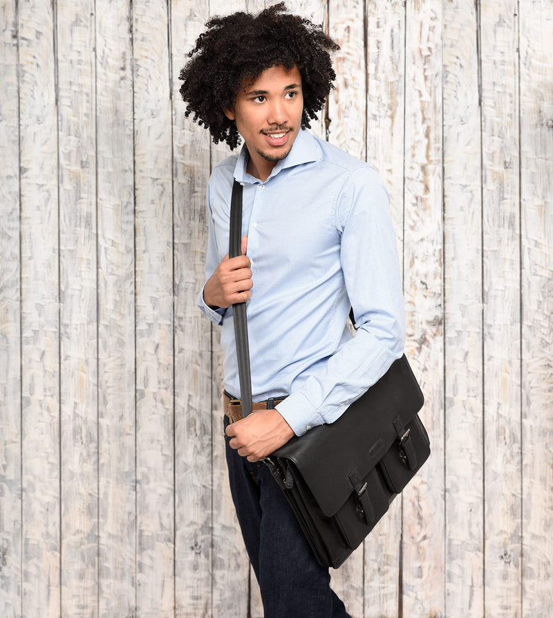 LEABAGS Leder Aktentasche Herren & Damen I Echtleder Laptoptasche bis 15 Zoll I Umhängetasche mit Schultergurt I Schultertasche I Messenger Bag I Arbeitstasche I Lehrertasche I Nappa Schwarz