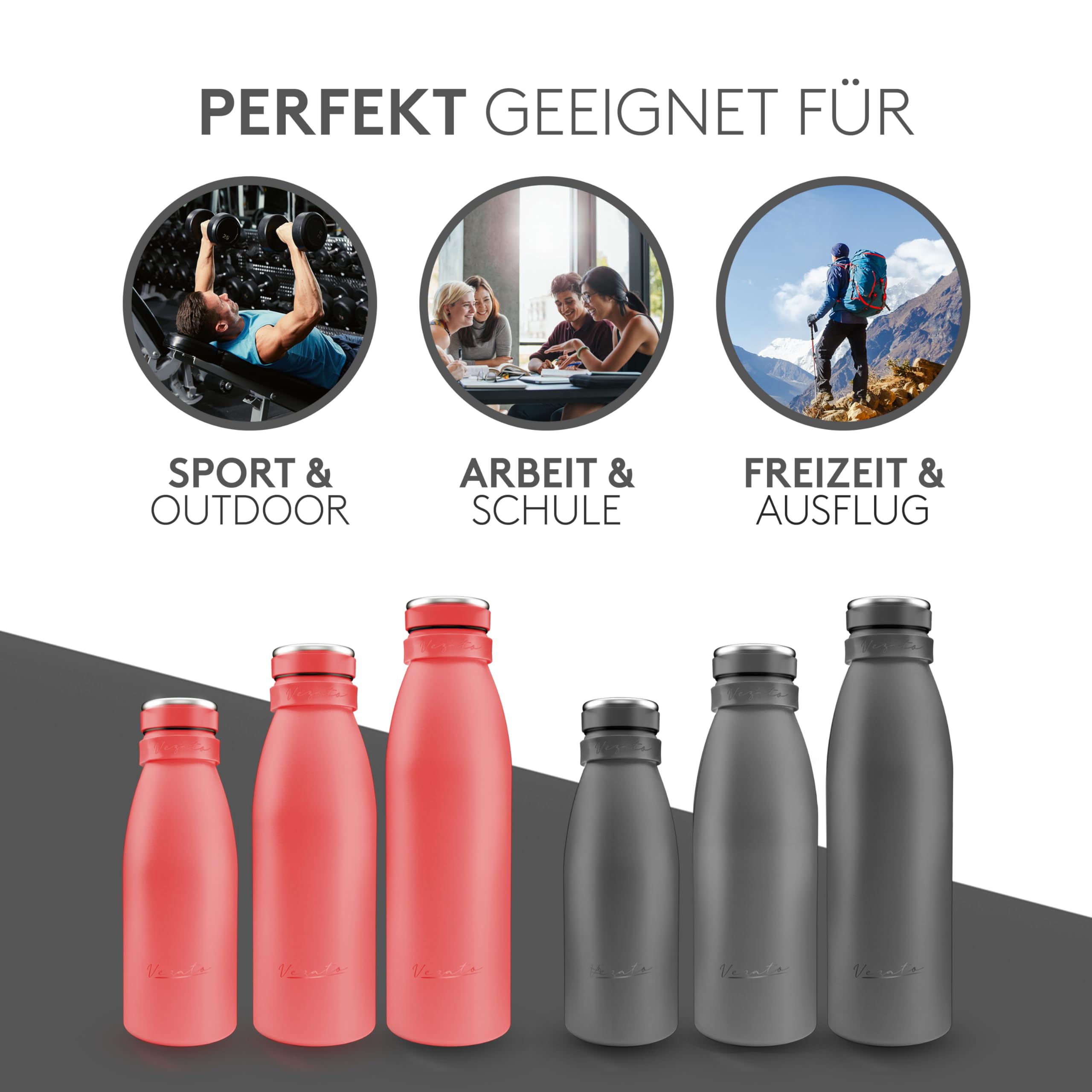 Vezato Trinkflasche Edelstahl - BPA-freie Isolierflasche 500 ml - Auslaufsichere Wasserflasche mit doppelter Isolierung - Thermosflasche spülmaschinenfest - Für Kohlensäure geeignet - Nachhaltig