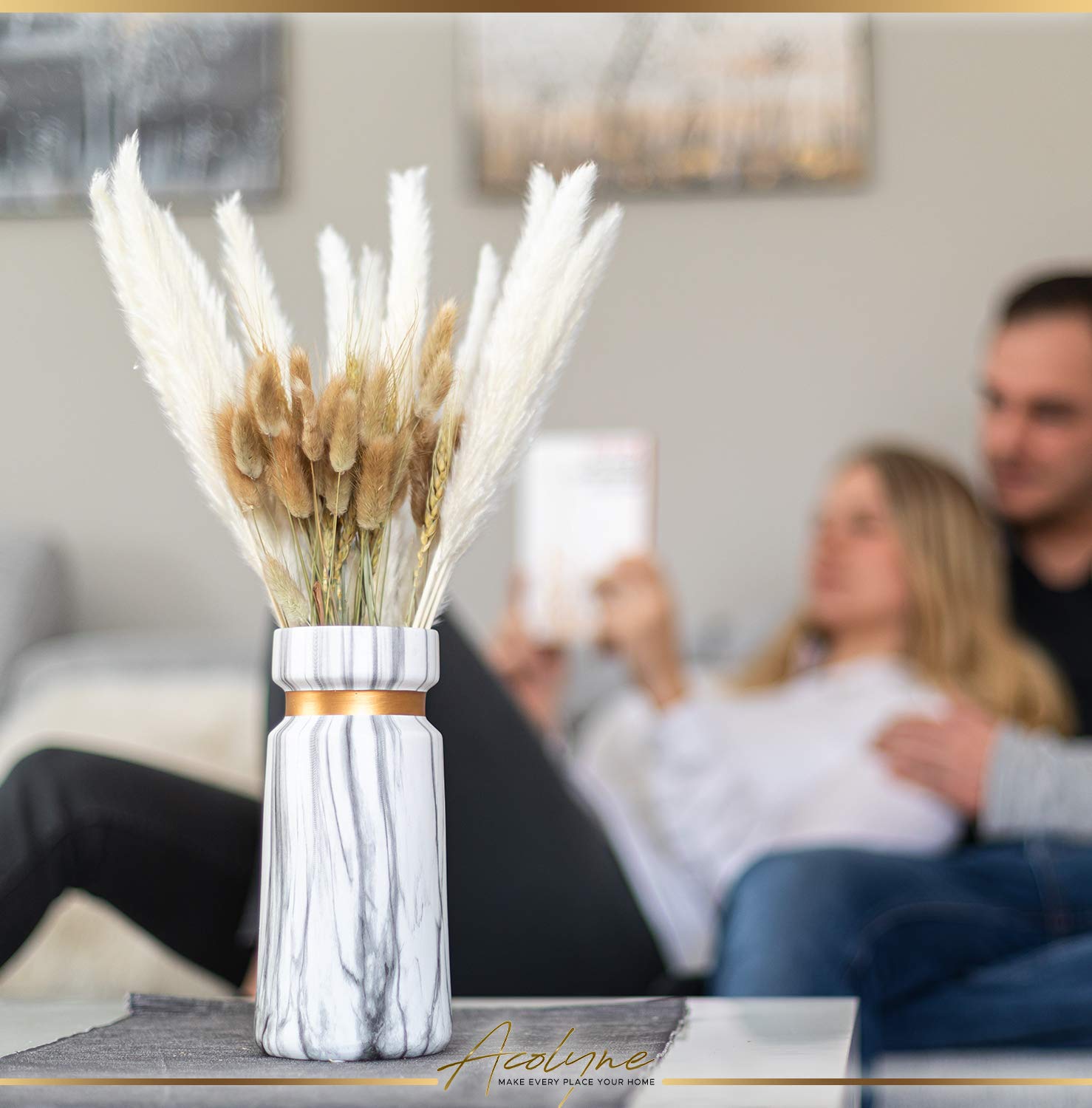 𝐀𝐜𝐨𝐥𝐲𝐧𝐞® Vase für Pampasgras aus Hochwertiger Keramik [MIT REINIGUNGSSCHWAMM & EBOOK] als Moderne Blumenvase in Weiß-Gold | Bodenvase Groß in Marmor-Optik | Vase Weiß