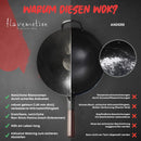 Flavemotion Wok [VOREINGEBRANNT]+ Wokring, für Induktion, E-Herd (Flacher Boden, 36 cm groß) handgehämmerte Wokpfanne aus Karbonstahl inkl. Wokring zum Abstellen