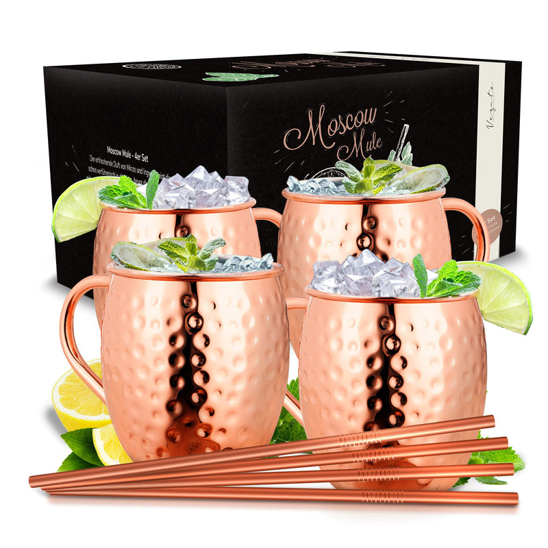 Vezato Moscow-Mule-Becher [500ml] – Gehämmerte Kupferbecher mit Strohhalmen – Handgemachtes Moscow-Mule-Set [4 Stück] – Rostfreie Kupfer Becher für Moscow Mule