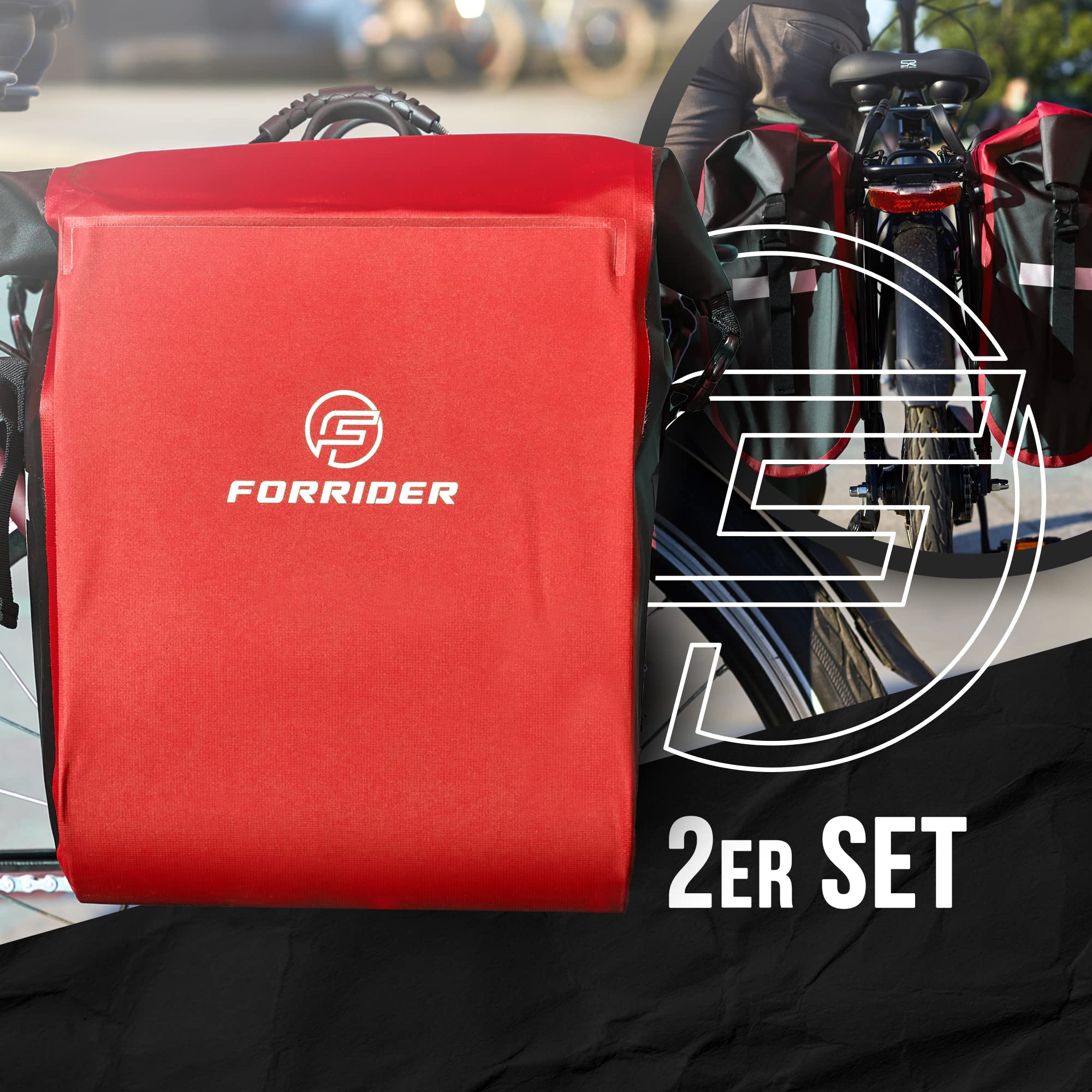 Forrider Fahrradtaschen für Gepäckträger - 100% Wasserdicht [2 Stück] 50L Volumen Premium Fahrrad Gepäckträgertaschen hinten Pack-Taschen Hinterradtaschen (Rot)