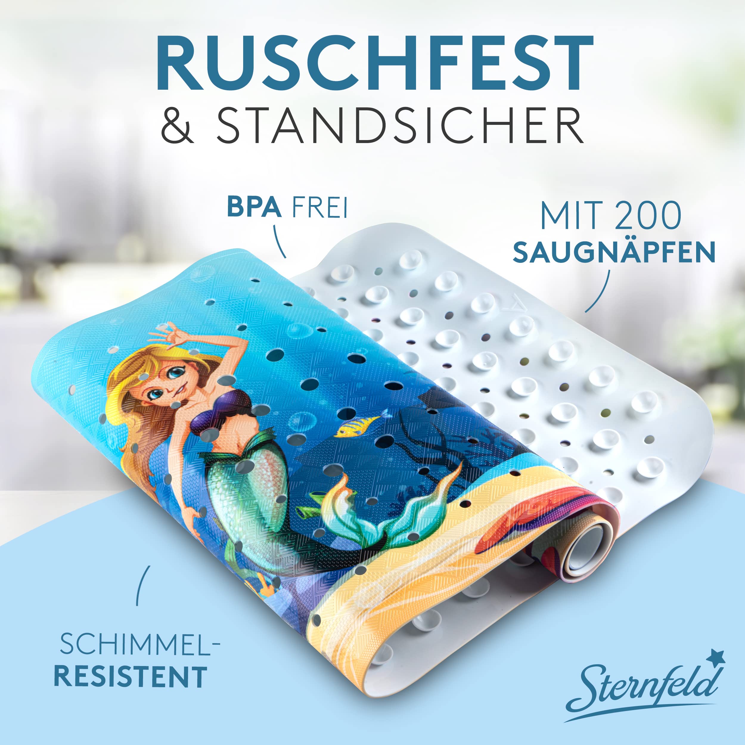 Sternfeld Badewannenmatte rutschfest [100x40 cm] - Antibakterielle Antirutschmatte Badewanne - BPA freie Badematte rutschfest mit Aufhängehaken - Schimmelresistente Rutschmatte Badewanne 30° waschbar