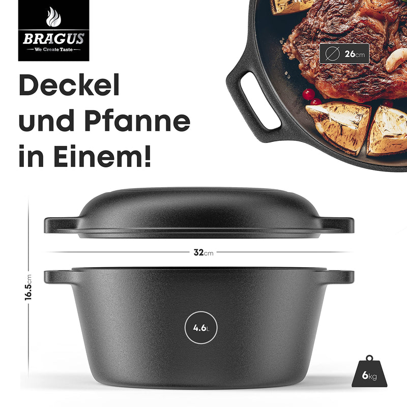 Gusseisen Topf 2in1 mit Grillpfanne/Deckel, Ø26cm, 4,6 L Casserole perfekt zum Brot backen oder Garen, Schmortopf Induktionsgeeignet, Gusseisen Bräter