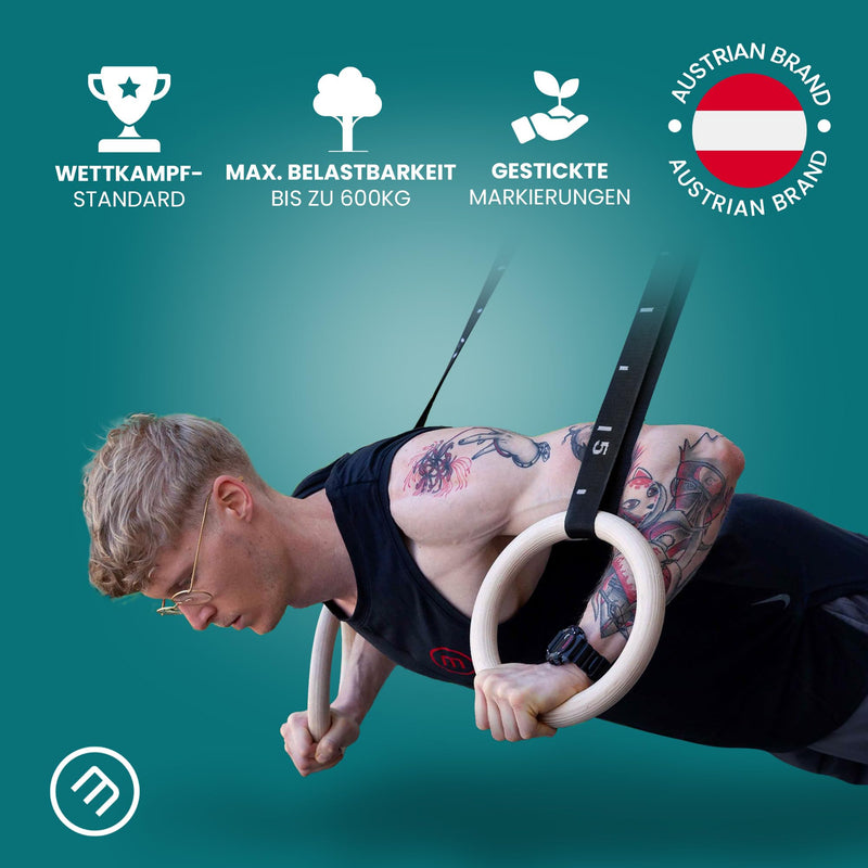 BeMaxx Turnringe Holz Gym Rings + Türanker & Trainings-eBook – Olympische Gymnastik Holzturnringe & Gurte + Markierungen | Turnerringe Gymnastikringe Fitness Ringe Workout Sport | Männer Frauen