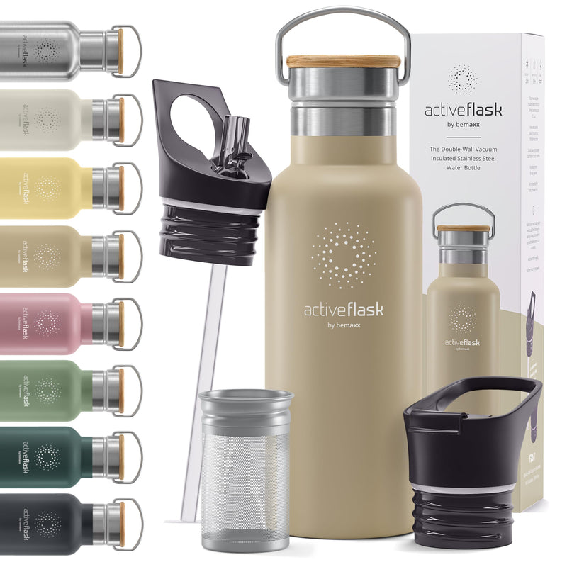 Trinkflasche Edelstahl mit Strohhalm, Infuser + 3 Deckel: BPA-frei, Auslaufsicher, Kohlensäure geeignet - Wasserflasche Fahrrad Thermosflasche Isoliert Isolierflasche Sport Wasser Flasche Kinder Tee