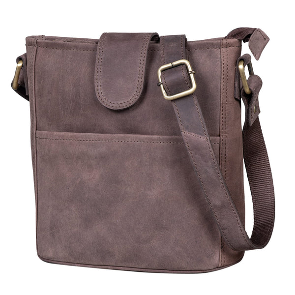 LEABAGS Leder Handtasche Damen I Premium Echtleder Umhängetasche I Damen Schultertasche I Damentasche I Tragetasche für Arbeit Uni Schule Freizeit I Größe L (31 x 23 x 6 cm) I Nature Dunkelbraun