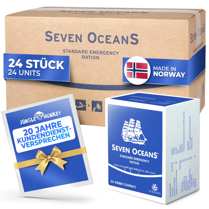 SEVEN OCEANS - DAS ORGINAL - XXL-Notfallnahrung [24x500g] inkl. extra Vitamine I Maximal Haltbare Notnahrung für dauerhaften Vorrat I Energie- & Kalorienreiche Outdoor Notration I Prepper Nahrung