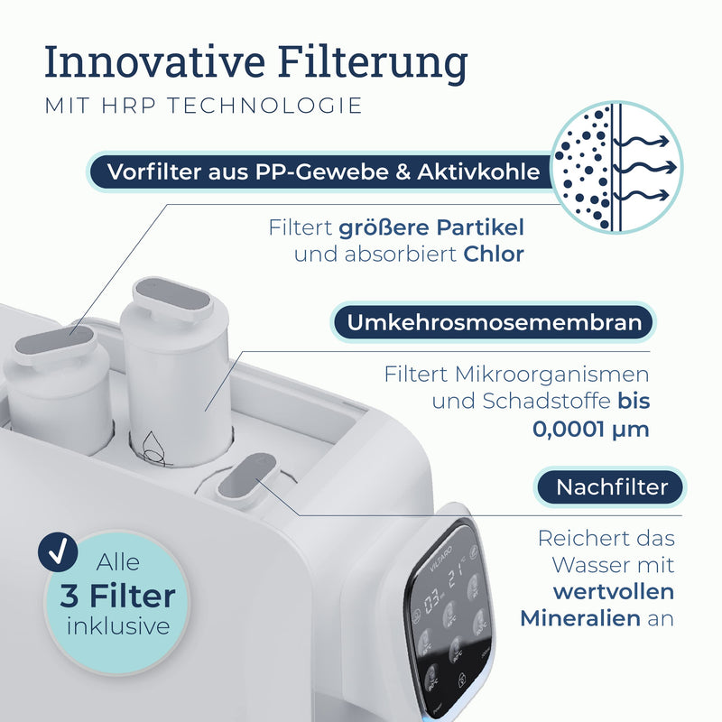 VILTARO® Osmoseanlage Trinkwasser [weiß, 5-stufiges Filtersystem, 6 Temperaturstufen, mobil ohne Wasseranschluss] | Umkehrosmoseanlage | Osmose Wasserfilter | Kalkfilter | Trinkwasserfilter