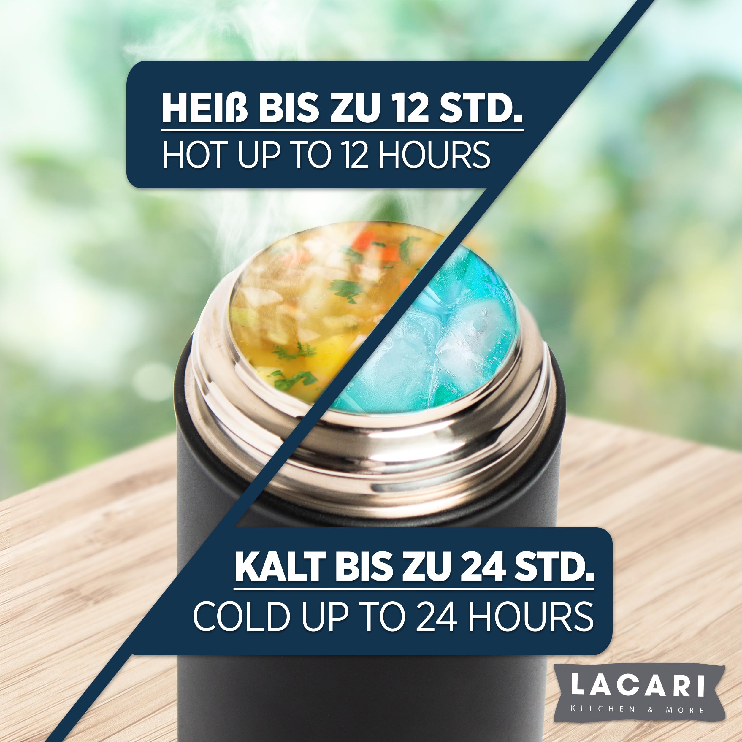 LACARI Thermobehälter für Essen in Silber | 700ml Thermosflasche aus Edelstahl | Warmhaltebehälter Essen | Lunchbox & Müsli to go Becher | Essensbox BPA frei | Inklusive Löffel & Transporttasche