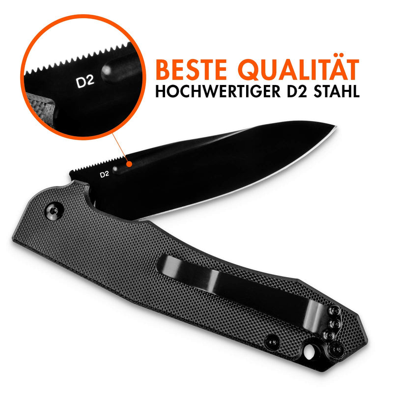 Wolfgangs CORVUS Zweihandmesser Klappmesser aus feinstem D2 Stahl - Legales Taschenmesser Klappmesser - Rebustes Outdoor Messer Survival - Klappmesser Outdoor inkl. Kydex Holster (komplett schwarz)