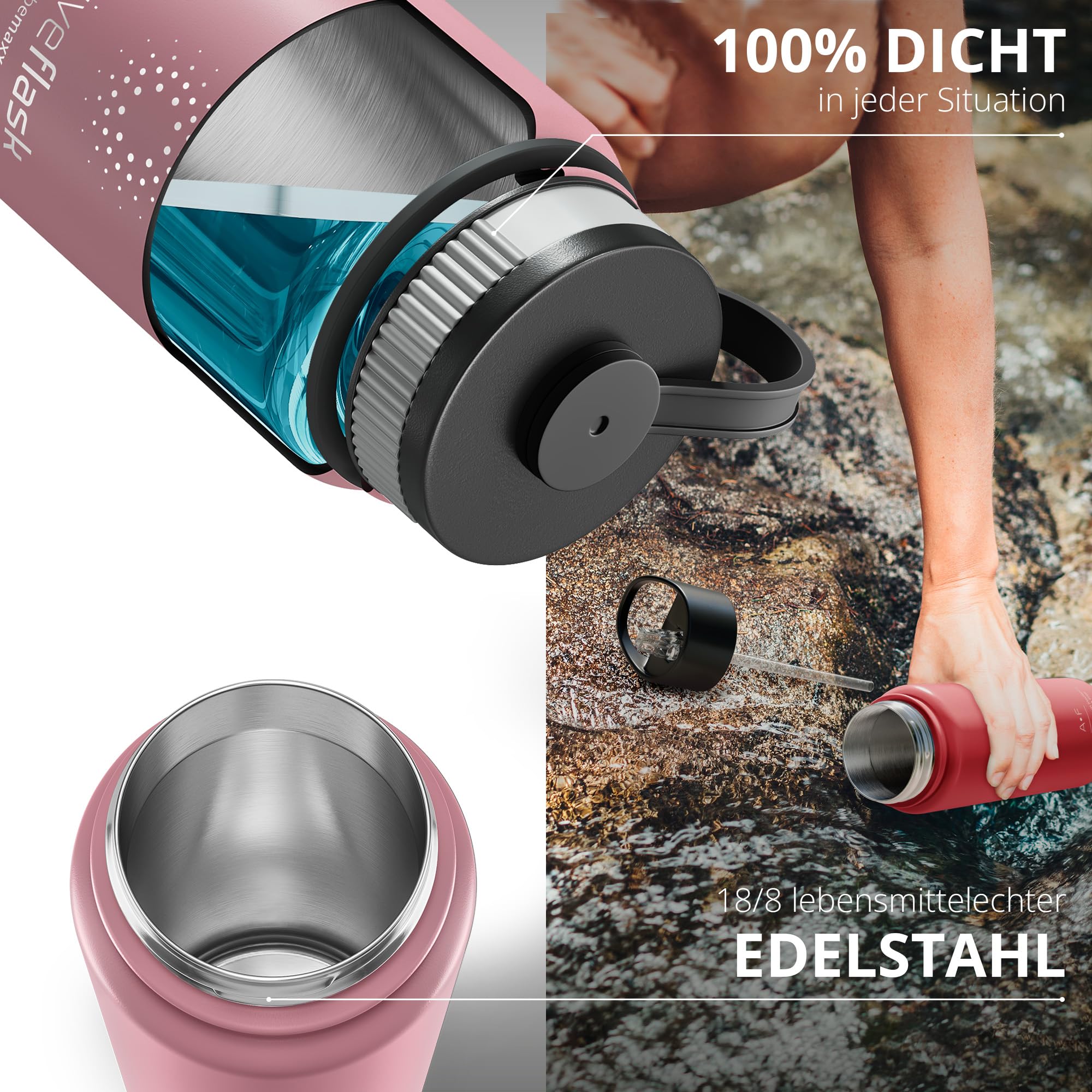 Trinkflasche Edelstahl ACTIVE FLASK + Strohhalm (3 Deckel) BPA-frei, Auslaufsicher, Kohlensäure geeignet - Wasserflasche Fahrrad Thermosflasche Isoliert Isolierflasche Sport Wasser Flasche Kinder Tee