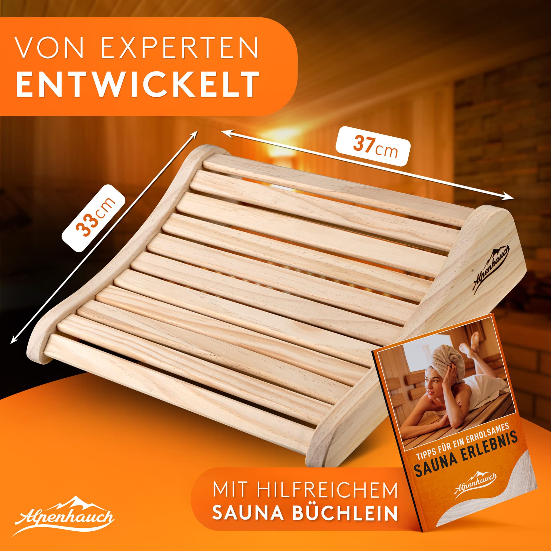 ALPENHAUCH Sauna Kopfstütze Holz [100% Naturholz] - Ergonomische Saunakopfstütze Holz - Edles Sauna Zubehör Infrarotkabine - Komfortable & breite Kopfstütze Sauna Holz für Sauna & Infrarotkabine