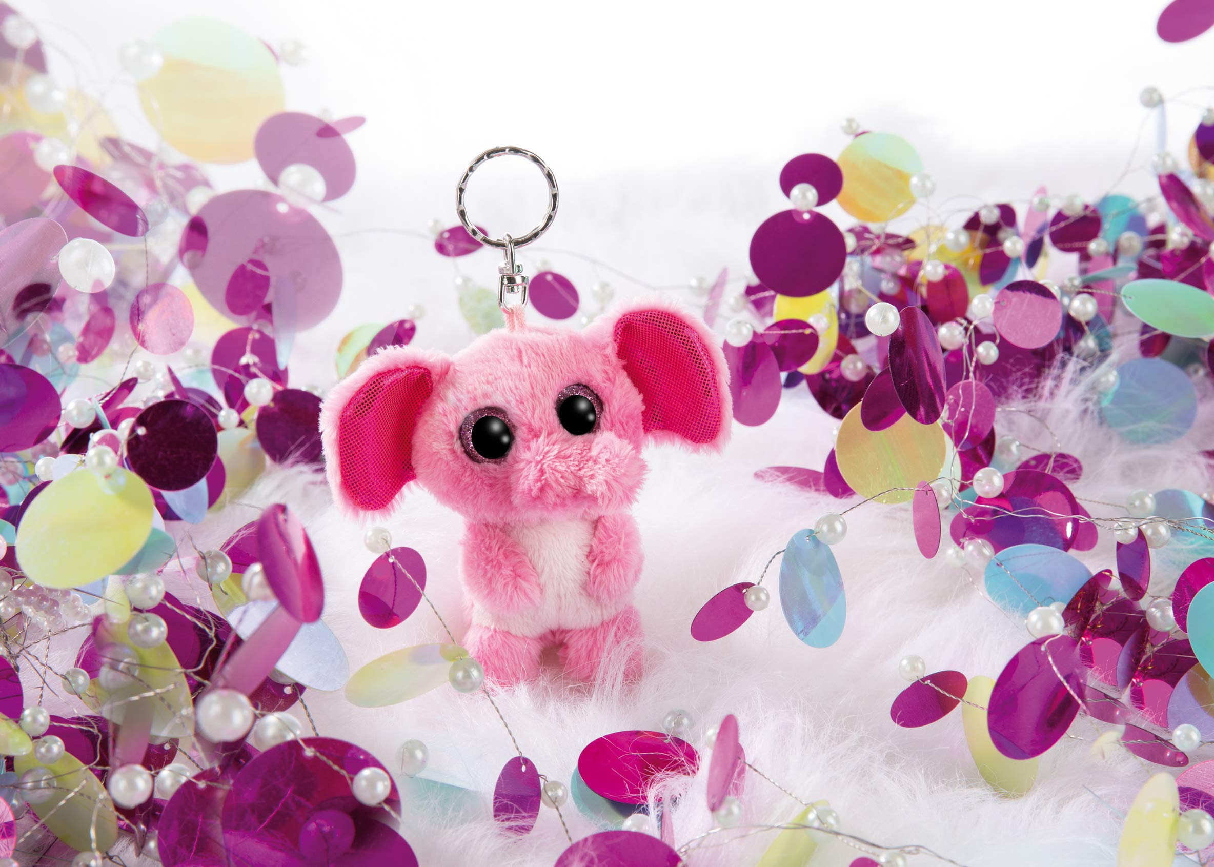 NICI 45544 Glubschis Schlüsselanhänger Elefant Fluppy 9cm, große Glitzeraugen, Plüschtier mit Schlüsselring, pink/weiß