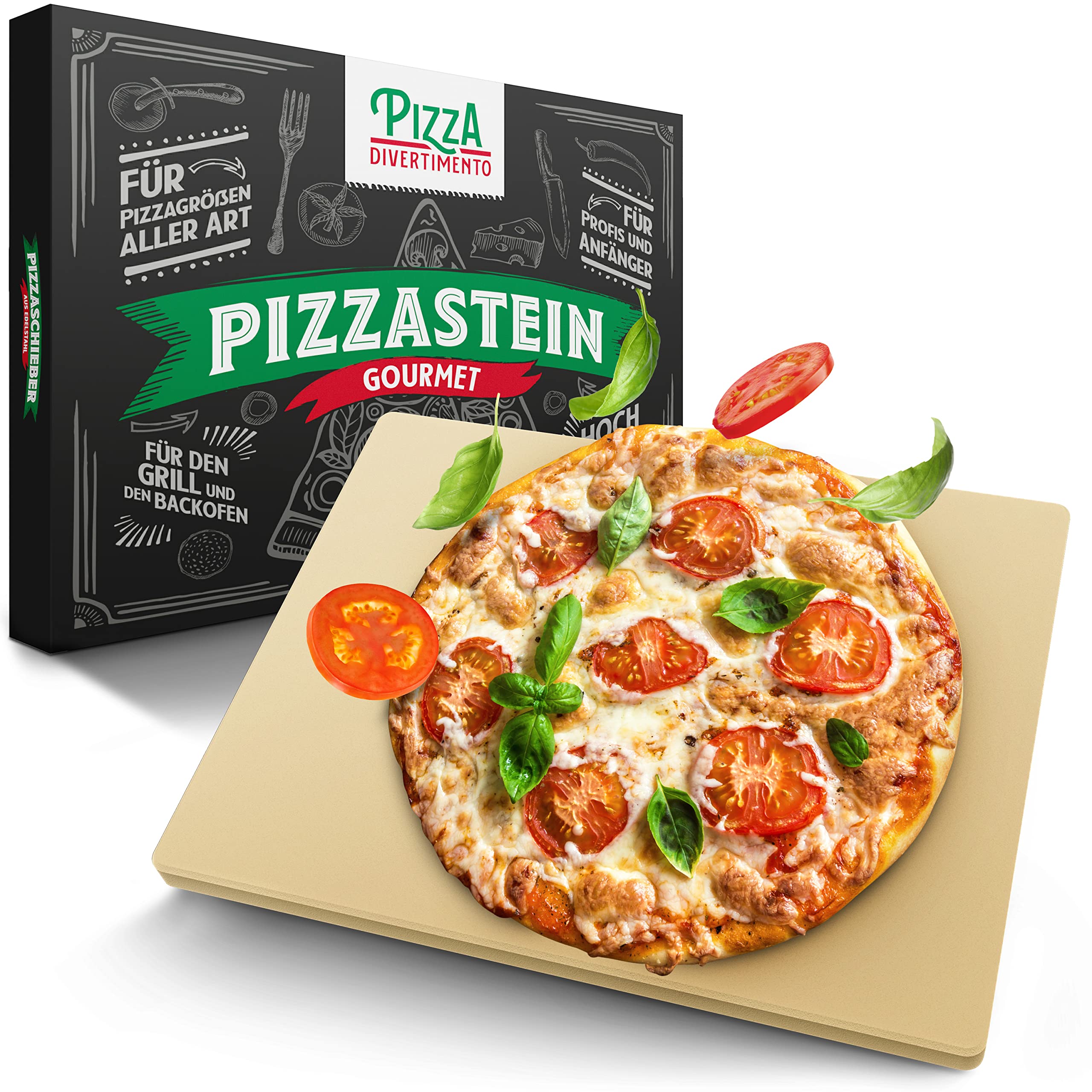 Pizza Divertimento - DAS ORIGINAL - Pizzastein für Backofen & Gasgrill – Vergleich.org ausgezeichnet - Pizza Stein aus Cordierit bis 900 °C – Für knusprigen Boden & saftigen Belag - Inkl. e-Rezeptbuch