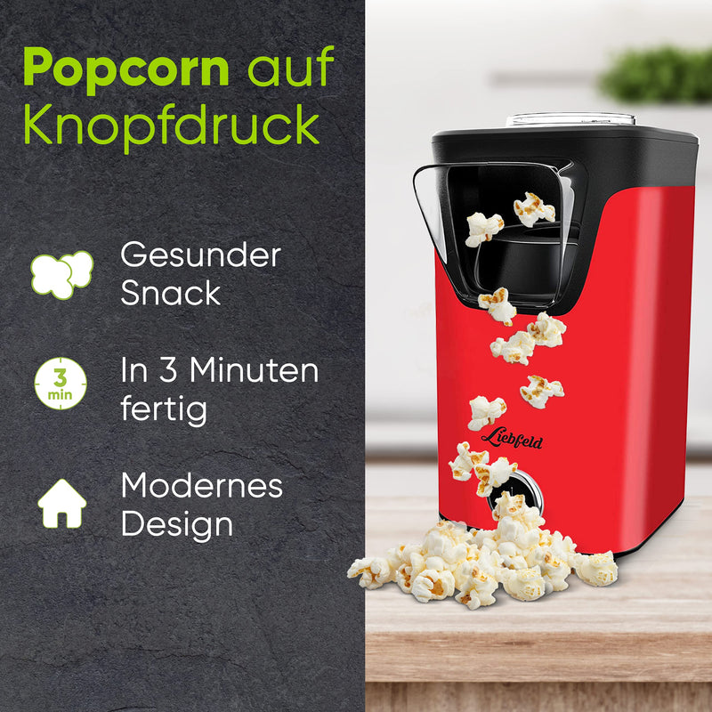 ﻿Liebfeld Popcornmaschine - Heißluft Popcorn Maker ohne Fett & Öl - Retro Küchen Gadget für Pop Mais mit Zucker, Salz - Cooler Snack Automat (Rot)