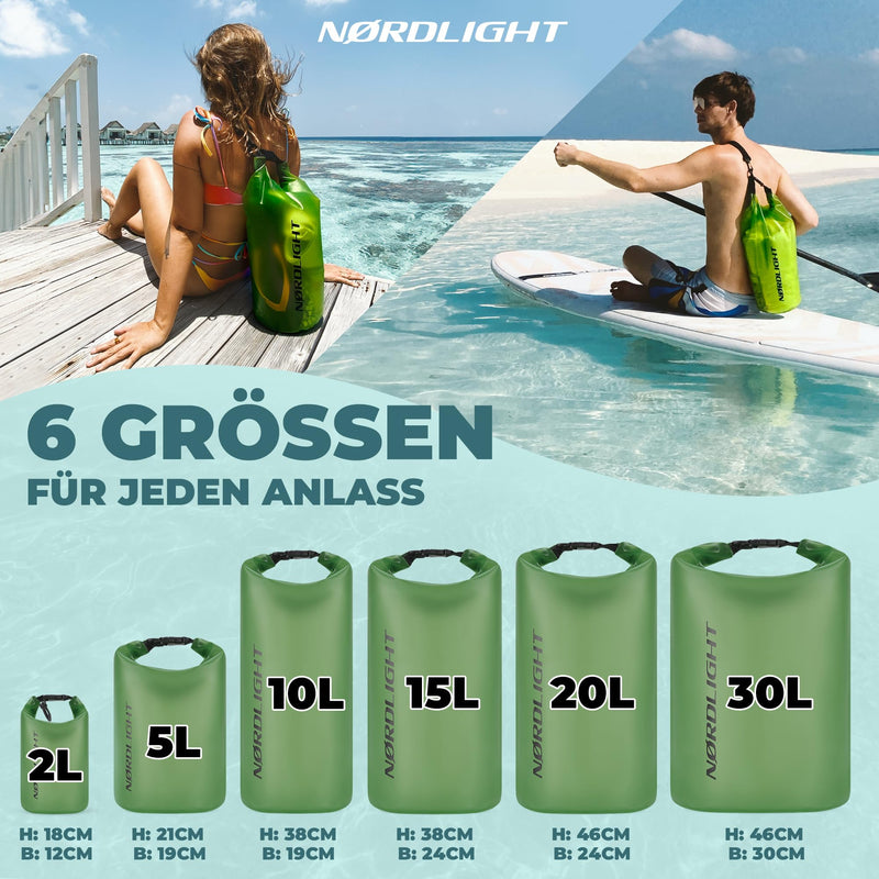 Nordlight Dry Bag 2L Wasserdichter Beutel - (Dunkelgrün) Wasserdichter Packsack Mit Roll Top Verschluss Und Schultergurt | Schwimmen, Baden, Strand, Kanu, Stand Up Paddling, Tauchen