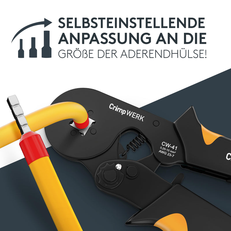 CrimpWERK Selbsteinstellende Crimpzange für Aderendhülsen - Crimpzangen-Set inkl. 1200 Aderendhülsen Set (0.5mm² - 10.00mm²) – Ihr Komplettset für präzises Crimpen und Kabelarbeiten