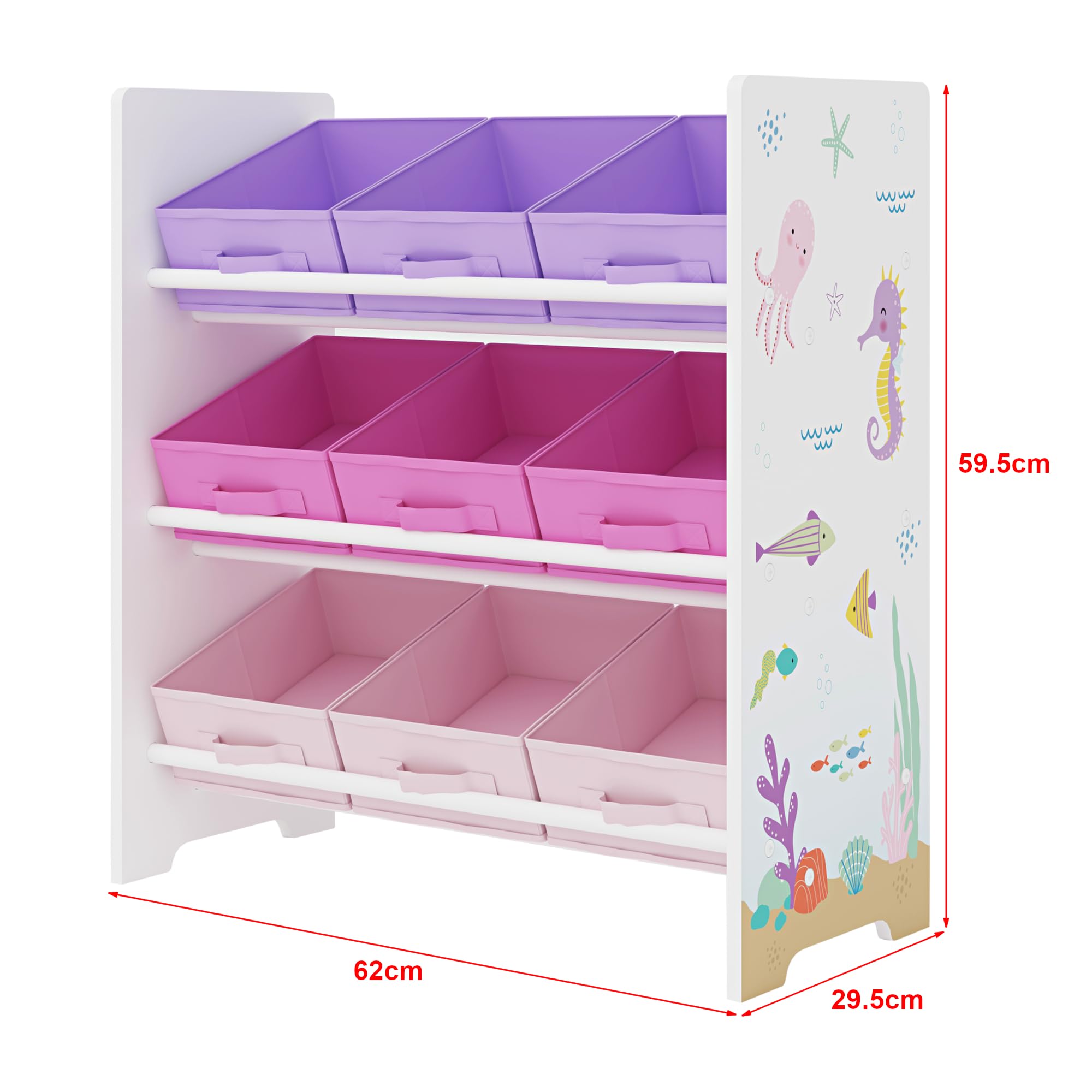 [en.casa] Kinderregal Boiro Kinderzimmerregal stehend mit 9 Faltboxen Ozean-Motiv Spielzeug Aufbewahrungsregal 59,5 x 62 x 29,5 cm Weiß/Lila/Rosa