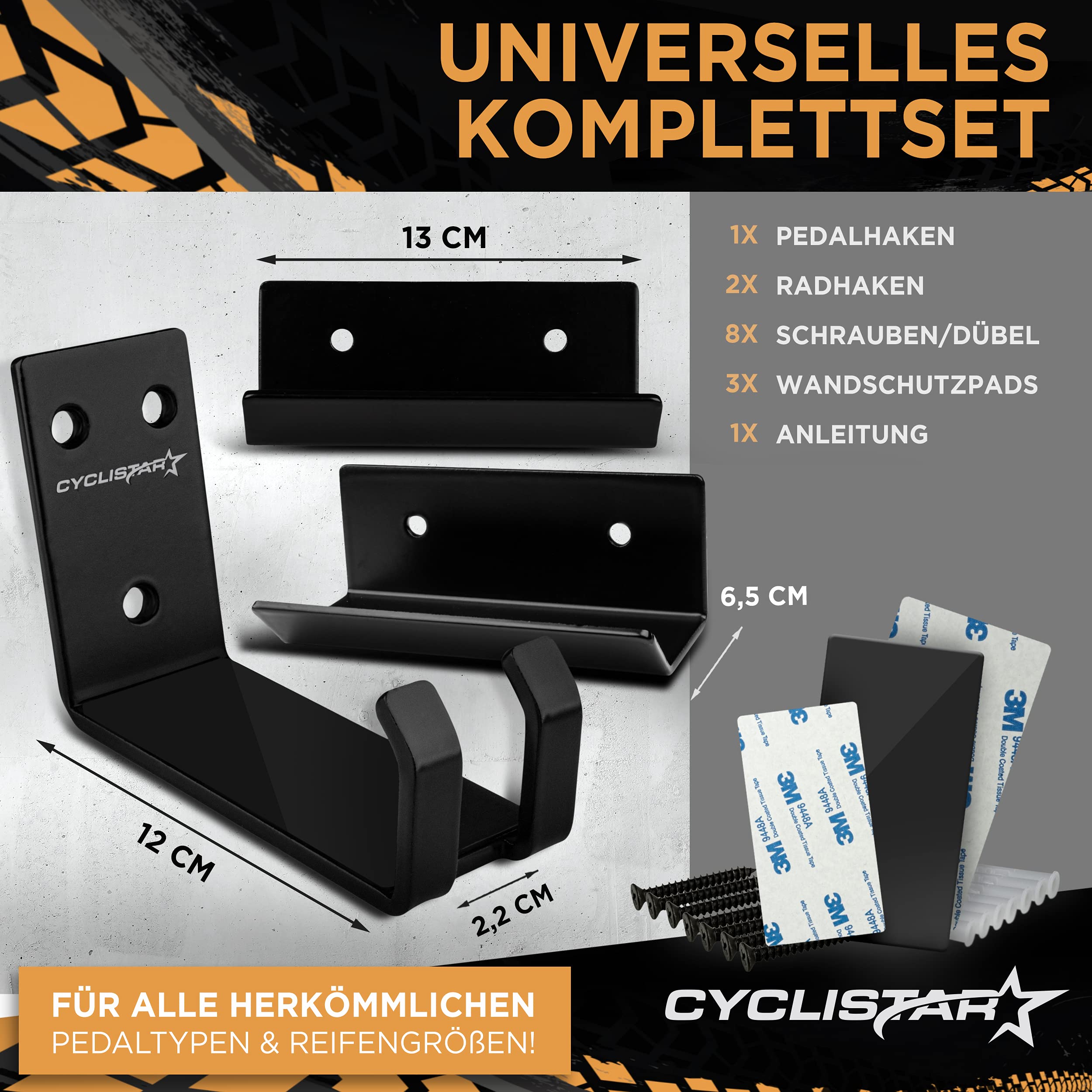 CYCLISTAR Fahrrad Wandhalterung bis 40kg − Robuste Fahrradhalterung Wand für MTB, Rennrad, E-Bike − Fahrradhalter Wand Pedalaufhängung +2x Stützwinkel