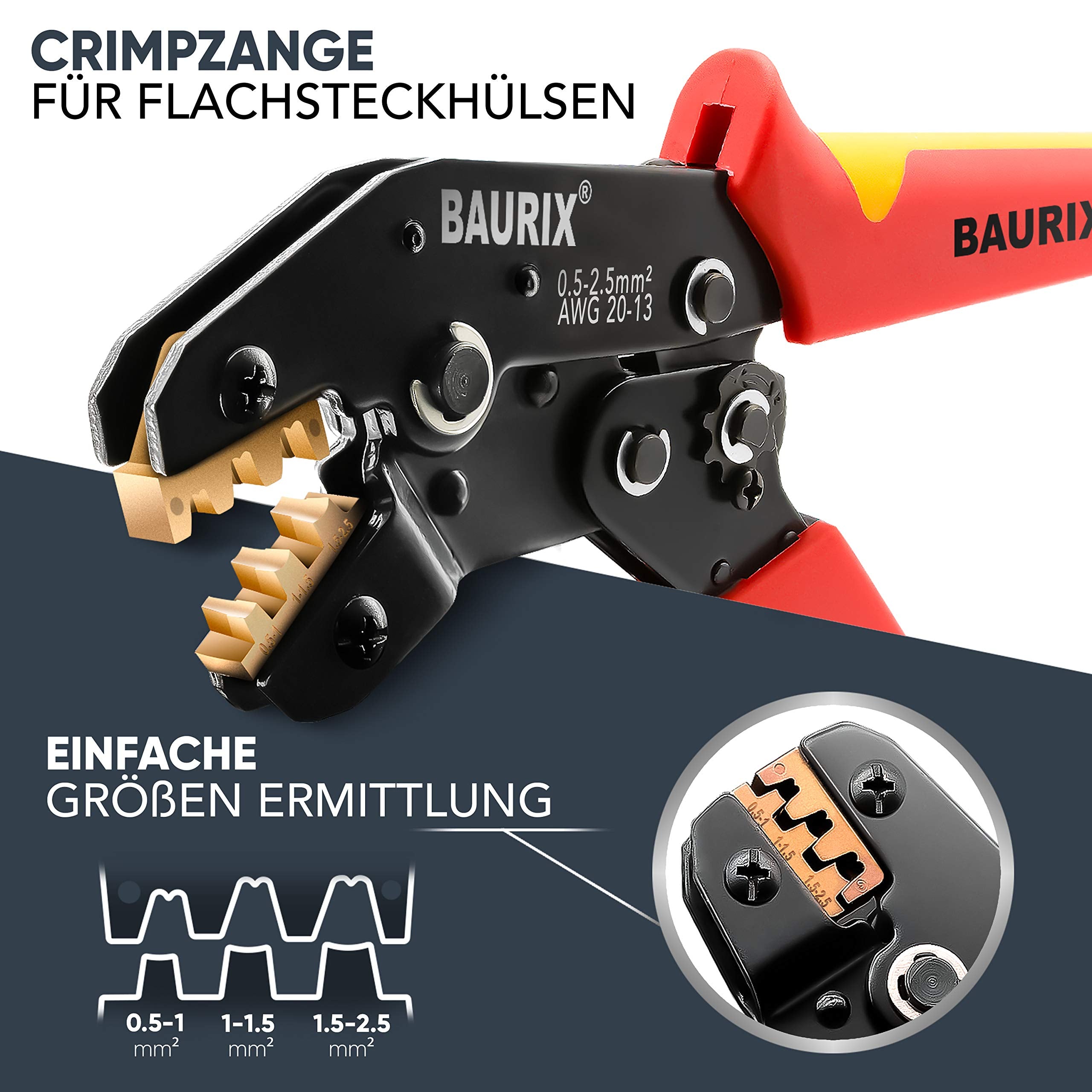 BAURIX® Crimpzange inkl. 300 Stück Flachsteckhülsen Set I Krimpzange für 0,50-2,50 mm² Steckverbinder I Crimpzangen Tool, Crimp Zange, Flachsteckhülsenzange, Crimpwerkzeug