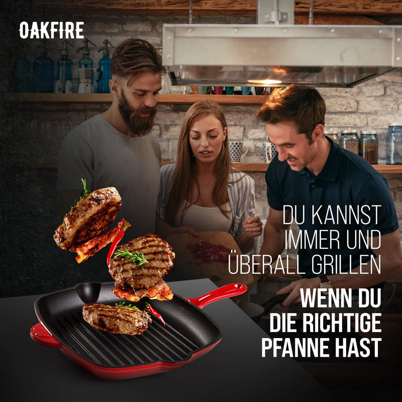 Oakfire Grillpfanne Bratpfanne Gusseisen emailliert 30 cm Induktion Pfanne gusseisern mit Non-Stick Patina, Emaille (Rot)