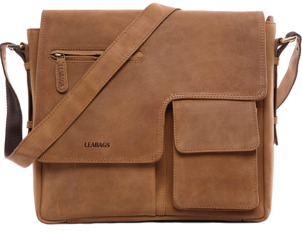 LEABAGS Leder Umhängetasche Herren & Damen I Echtleder Laptoptasche bis 13 Zoll I Messenger Bag mit Schultergurt I Schultertasche I Arbeitstasche I Tragetasche I Handtasche I Nature Hellbraun