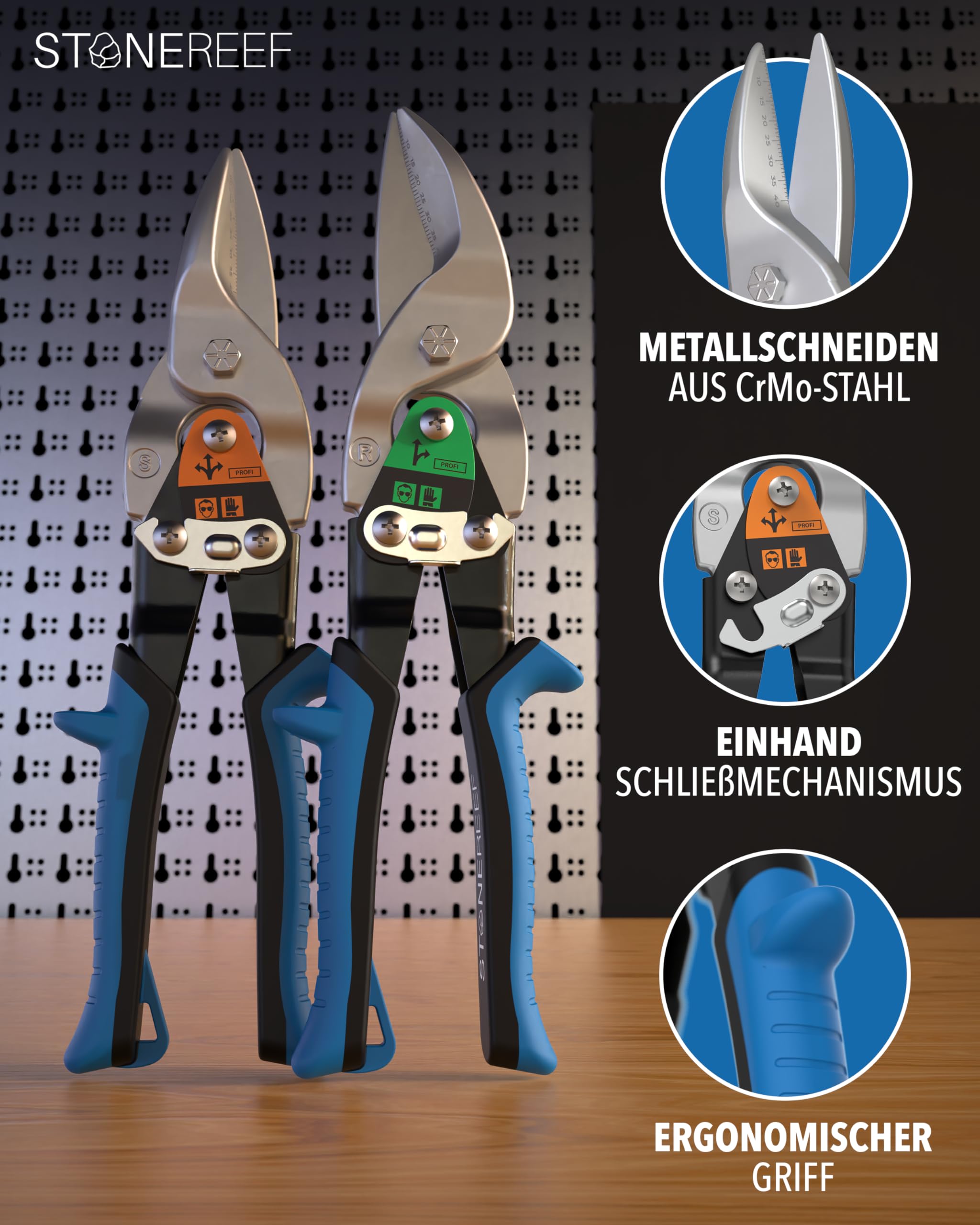 Blechschere Set gerader- & rechter Schnitt - [int. Millimeterskala] - Metallschere für Trockenbau, Trapezblech, Metall, Drahtschere für Drahtgitter, Blech Schneider, Metallschere, Blech Schneiden