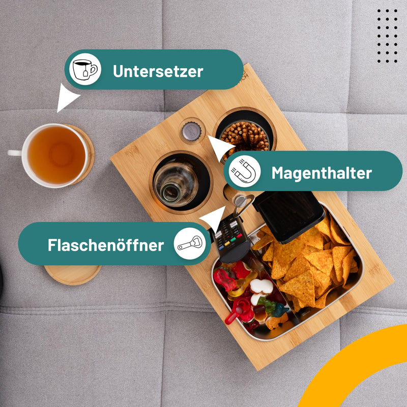 D&D Living® Couchbar Snackbox | Bambus Sofa Butler als Snackbar und Couch Organizer mit XL Schale | Getränkehalter Couch Console mit Flaschenöffner