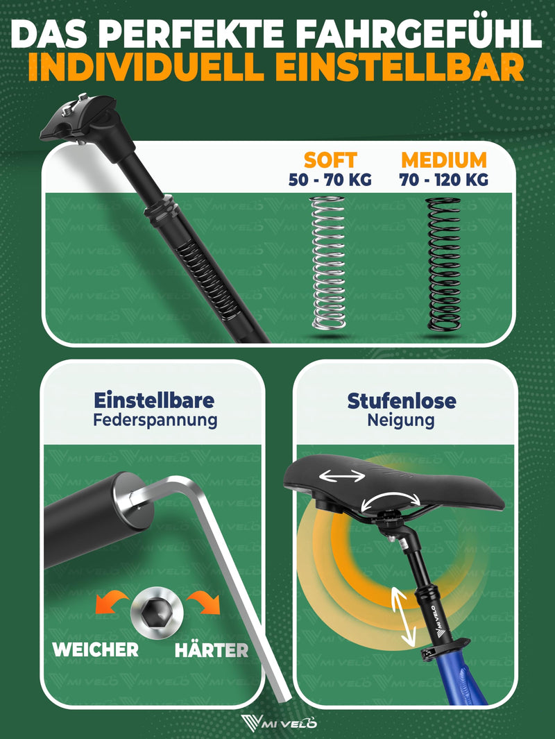 MiVelo Sattelstütze gefedert inkl. 2 Federn mit 31.6mm Ø I ComfortPro Federsattelstütze I Gefederte Sattelstütze zur Entlastung der Wirbelsäule I Sattelstange zur Stoßdämpfung