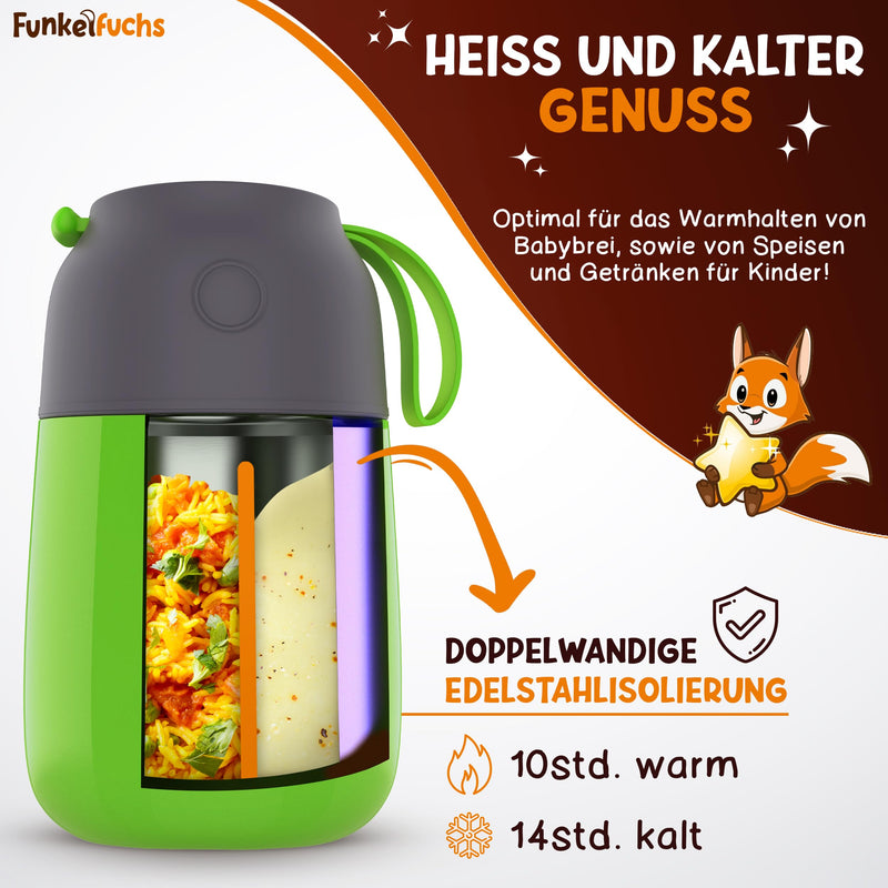 Funkelfuchs® Thermobehälter für Essen Kinder – 500ml, Grün Traktor – 100% auslaufsicher - Warmhaltebehälter Essen Edelstahl – Thermobecher Essen – Thermo Lunchbox Kinder – Warmhaltebehälter Babybrei