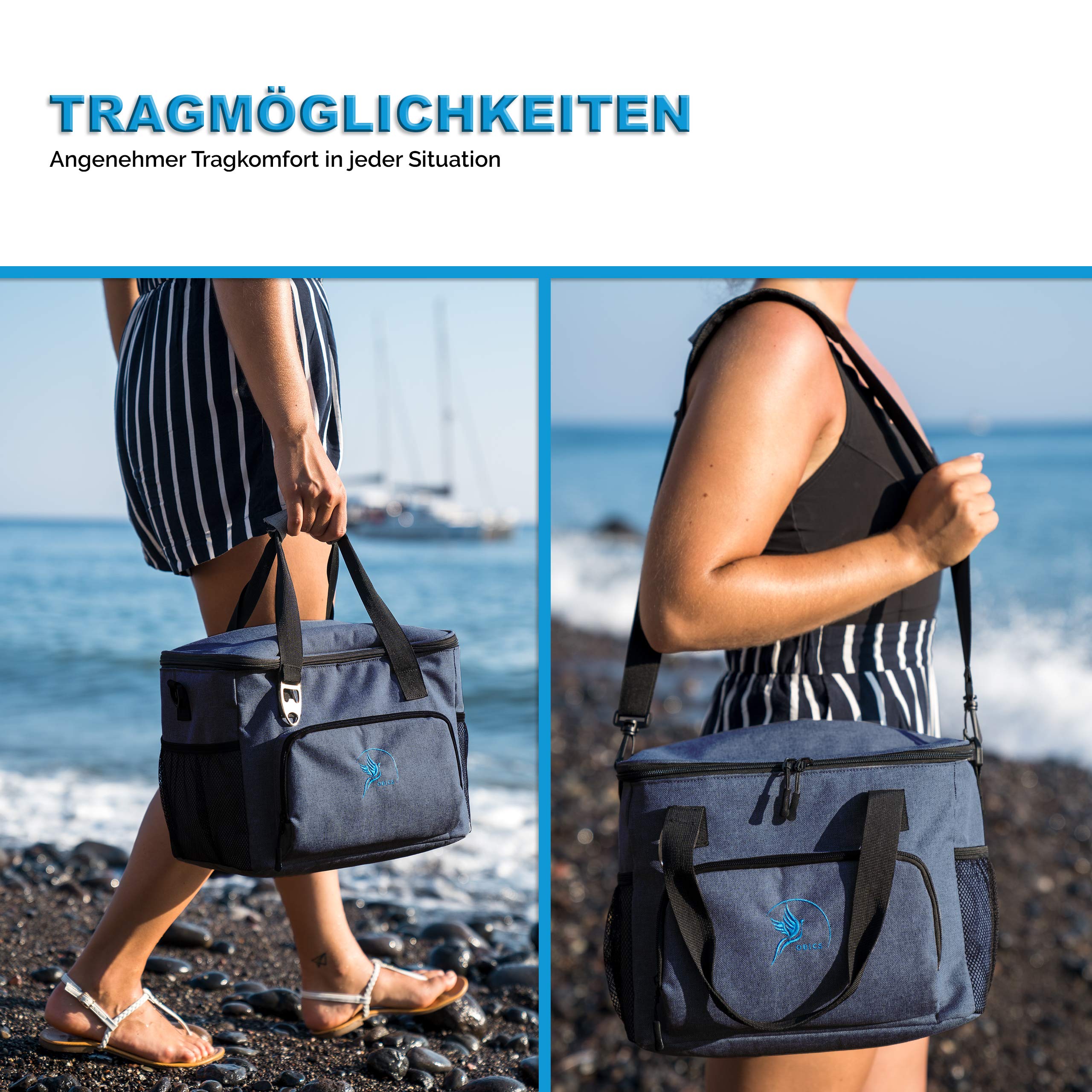 Obics Kühltasche klein 20l Kühlbox Lunchtasche mit Kühl-Akku faltbar - Thermo Isoliertasche Picknicktasche blau für Strand, Arbeit, Auto & Mittagessen - Thermotasche Essenstasche isoliert unterwegs