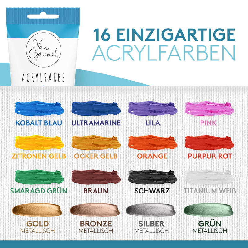 Amandi Van Gaunet Acrylfarben Set – 16 Acryl Farben mit 75ml Pigment & 10 Pinsel – Wasserfestes Acrylfarbenset für Papier, Stein, Holz, Keramik, Stoff, Leinwand & Glas – Schnell trocknend & ungiftig