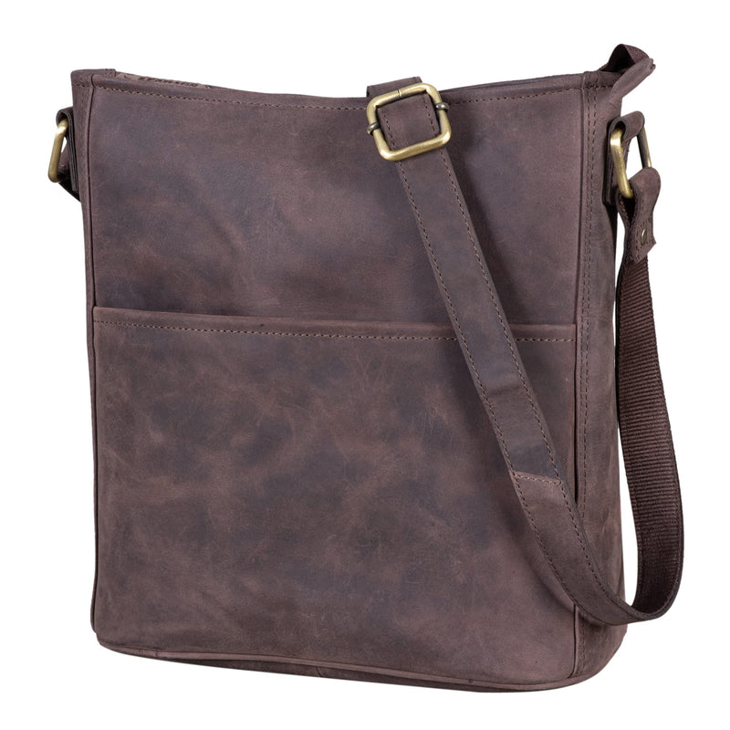 LEABAGS Leder Handtasche Damen I Premium Echtleder Umhängetasche I Damen Schultertasche I Damentasche I Tragetasche für Arbeit Uni Schule Freizeit I Größe L (31 x 23 x 6 cm) I Nature Dunkelbraun