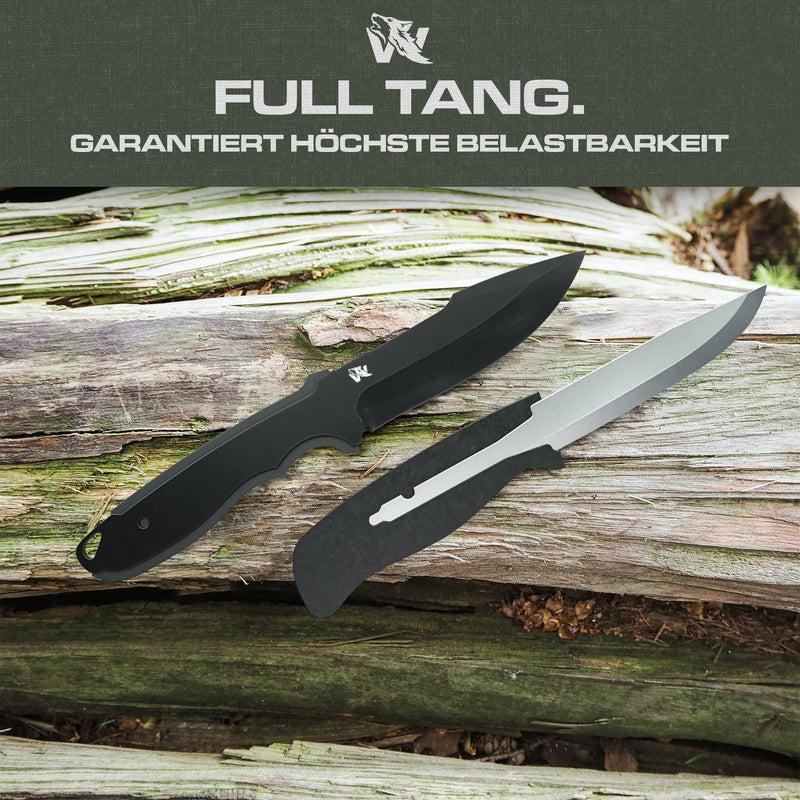 Wolfgangs W1 Outdoor Messer feststehende Klinge - Inkl. Scheide - Ideales Jagdmesser aus einem Stück 440C Stahl gefertigt - Premium Survival Messer - Perfektes Bushcraft Messer Outdoor (Schwarz)