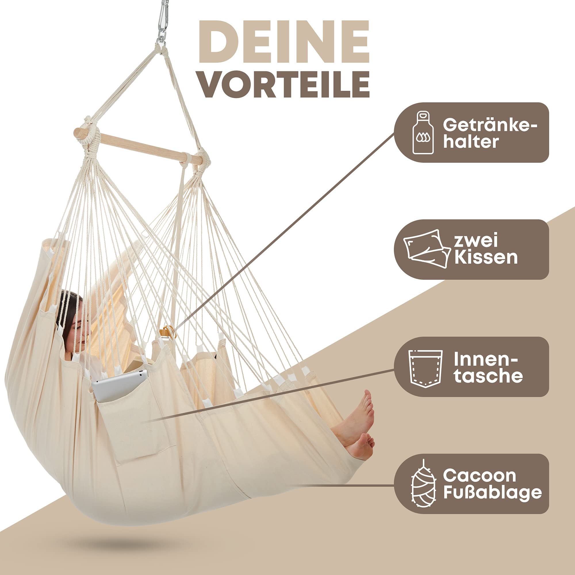 NearDistance® Hängesessel Hängestuhl Indoor Outdoor, Hängesessel ohne Gestell, Hängeschaukel für Erwachsene & Kinder, mit Fußablage & Kissen (Beige)