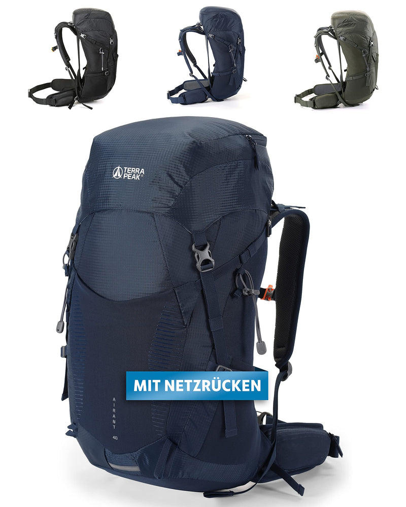 Terra Peak - Wanderrucksack Airant 40 Damen & Herren mit belüftetem Netzrücken blau gross Rückenbelüftung - Trekkingrucksack zum Wandern und Camping mit Trinksystem - unisex outdoor Backpack leicht