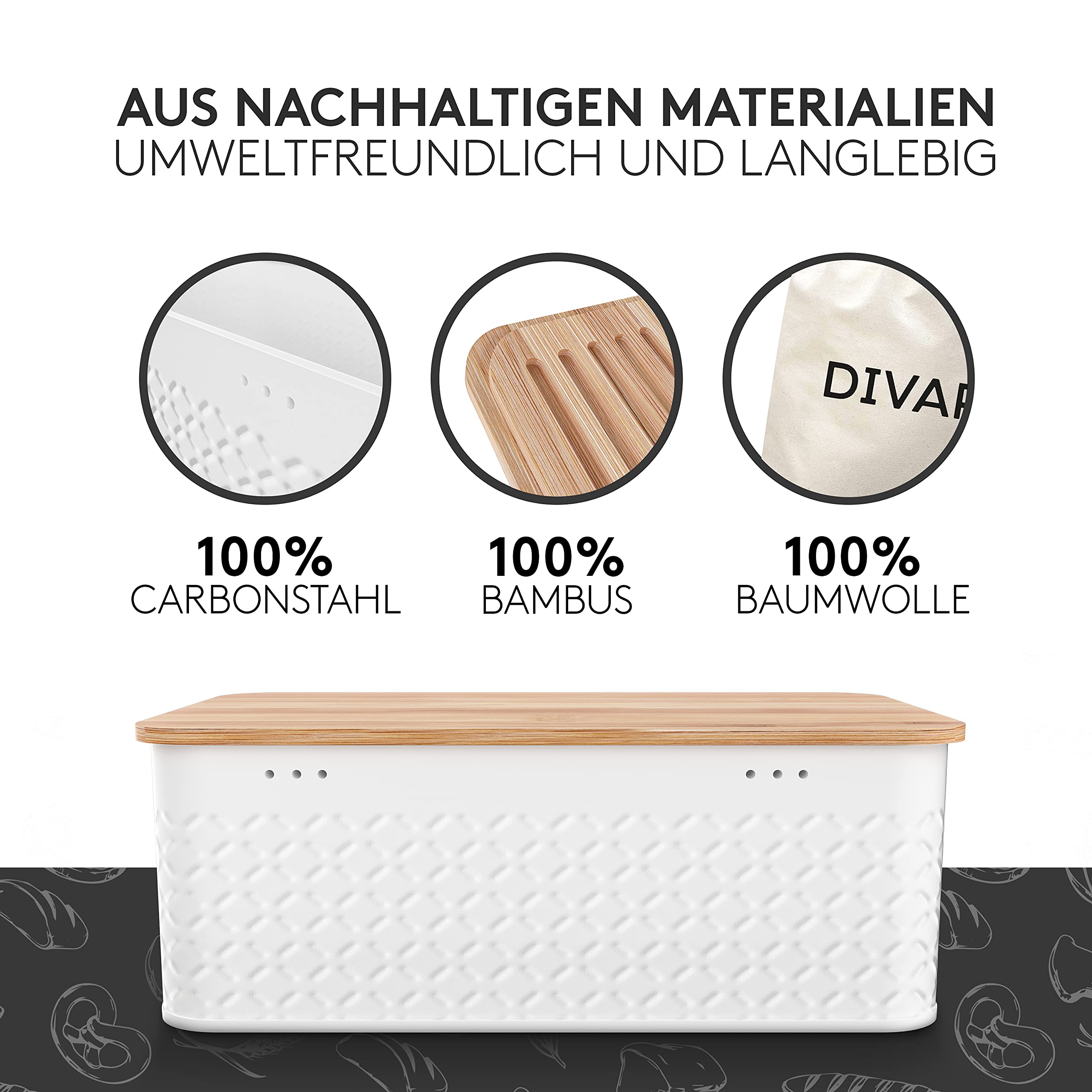 DIVARØ Brotkasten – Brotbox mit Bambusdeckel [2in1 Funktion] – Aus Karbonstahl für lange Frische – Nachhaltiger Brottopf – Brotbehälter & Brotsack – Brotkorb mit praktischem Schneidebrett –33x19x12cm