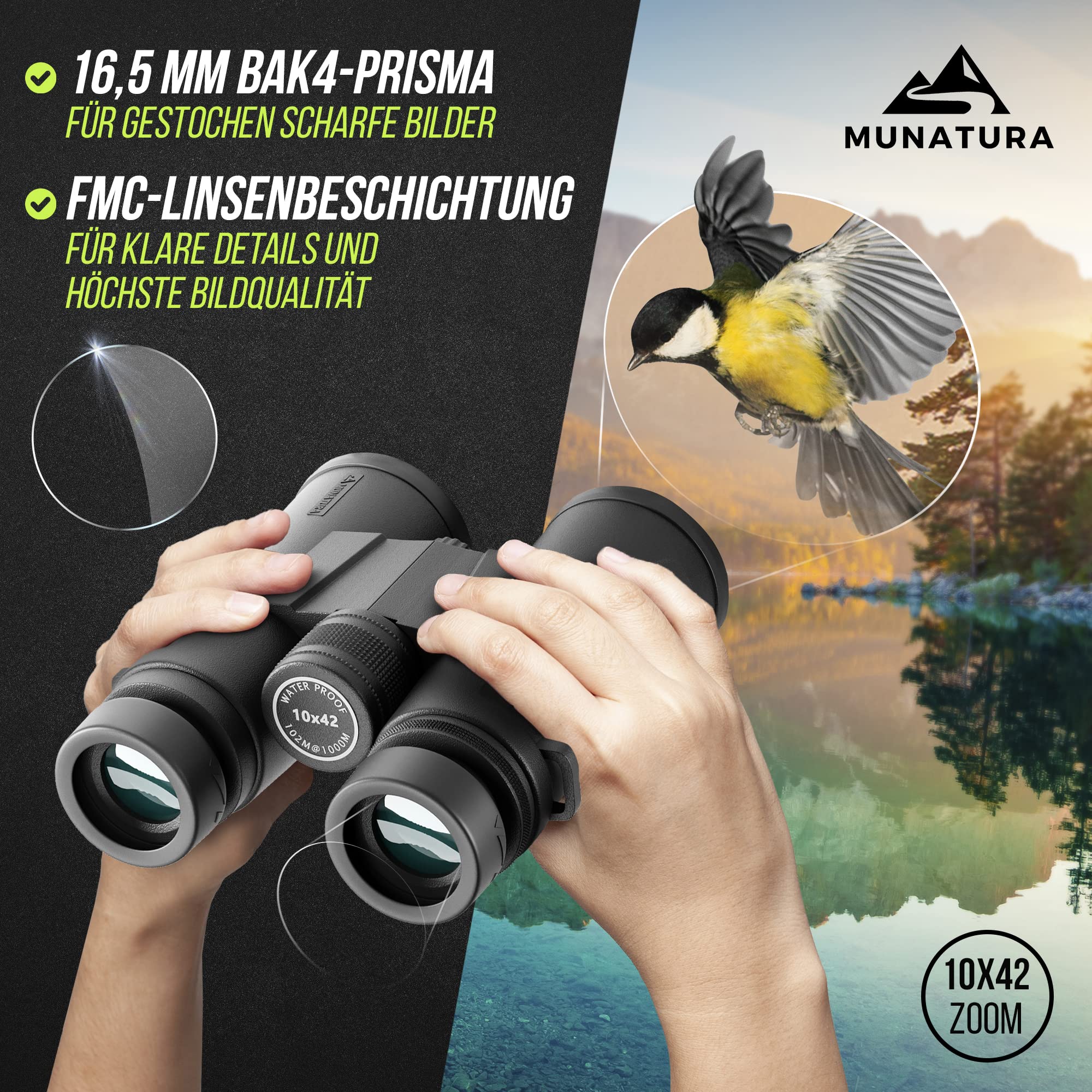 MUNATURA Fernglas Erwachsene 10x42 - Perfektes Fernglas für Brillenträger - Fernglas Vogelbeobachtung - Gestochen scharfe Bilder Dank BaK4 und FMC