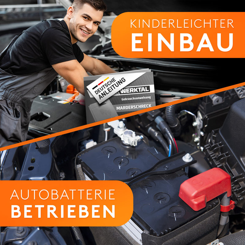 WERKTAL Marderschreck Auto - Effektive Marderabwehr mit Ultraschall & Blitzlicht [Autobatteriebetrieben]- Automatischer Marderschrecker Auto - Dauerhafte Mader Abwehr für Motorraum - Marderabwehrgerät