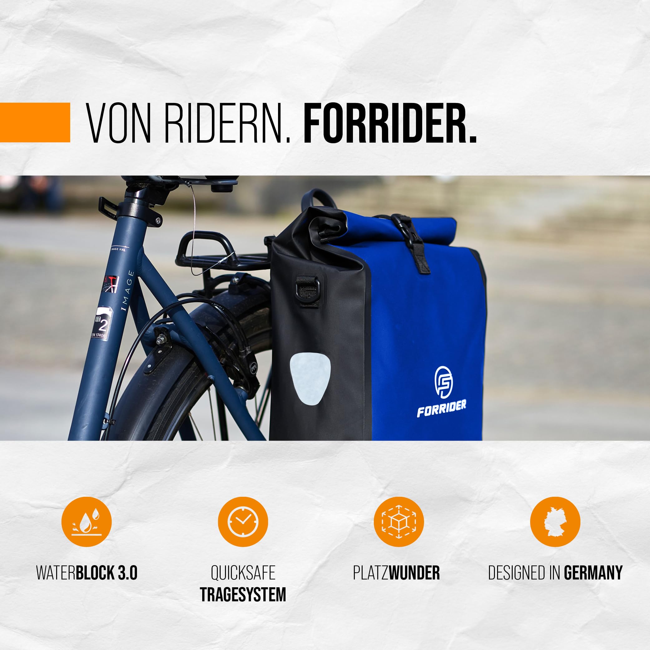 Forrider Fahrradtaschen Set Wasserdicht für Gepäckträger [2x22L Volumen] mit Schultergurt | Gepäckträgertasche | Einzel | Fahrrad Tasche Packtasche hält an jedem Gepäckträger