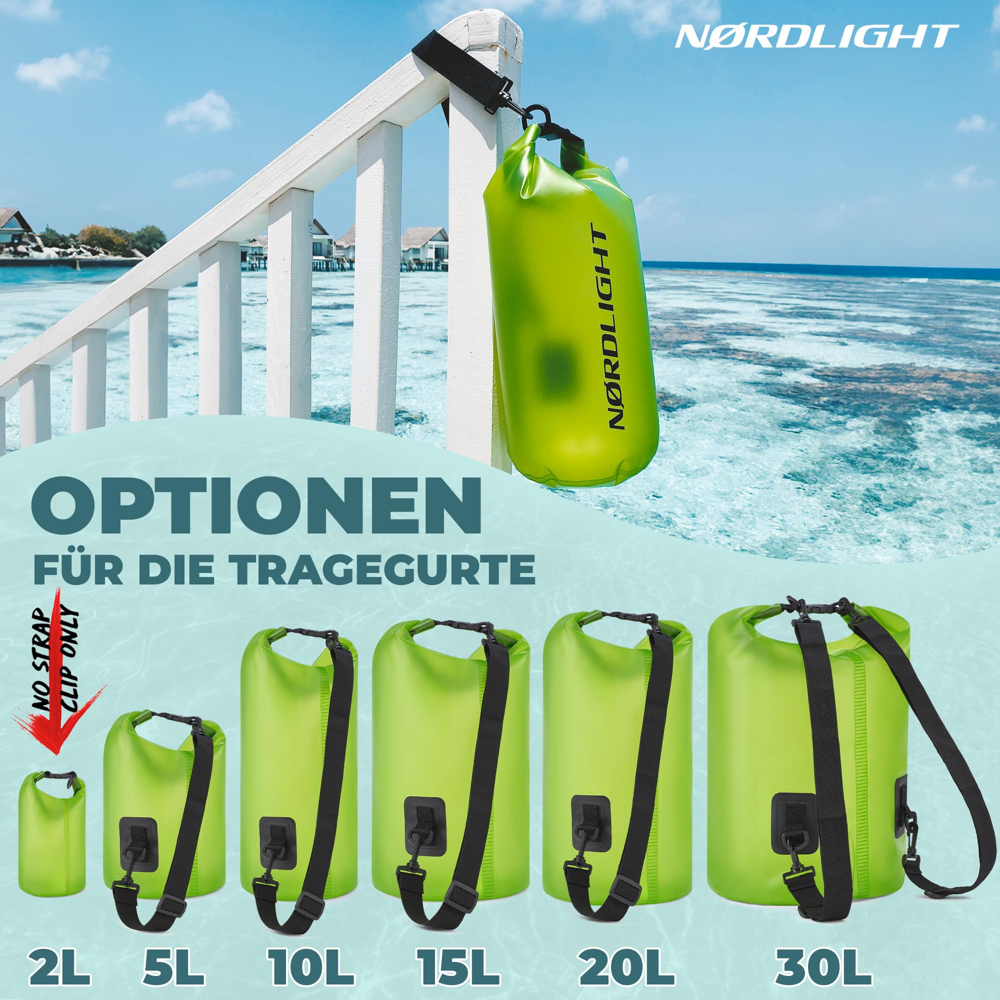 Nordlight Dry Bag 10L Wasserdichter Beutel - (Grün) Wasserdichter Packsack Mit Roll Top Verschluss Und Schultergurt | Schwimmen, Baden, Strand, Kanu, Stand Up Paddling, Tauchen