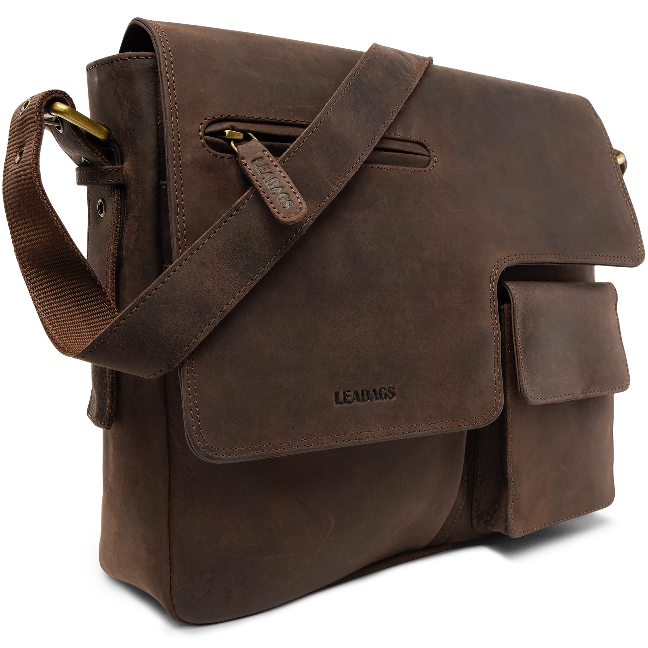 LEABAGS Leder Umhängetasche Herren & Damen I Echtleder Laptoptasche bis 13 Zoll I Messenger Bag mit Schultergurt I Schultertasche I Arbeitstasche I Tragetasche I Handtasche I Nature Dunkelbraun