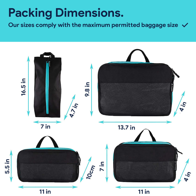 Atacama® Premium Kompressions-Packwürfel-Set: Die ultimative Reiselösung mit Spezial-Reißverschlüssen & Dual-Taschen, Packtaschen mit Kompression für Rucksack & Koffer Schwarz-Türkis [4er-Set]