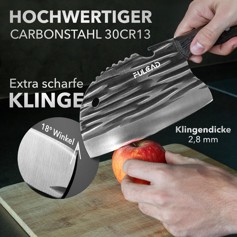 FULCAD Hackmesser mit Holzgriff, Carbonstahl Messer, breites Klingenblatt, scharfes Mehrzweck Küchenmesser, Metzgermesser, Fleischerbeil, Kochmesser mit Flaschenöffner, Küche, Grill, JETZT NEU!